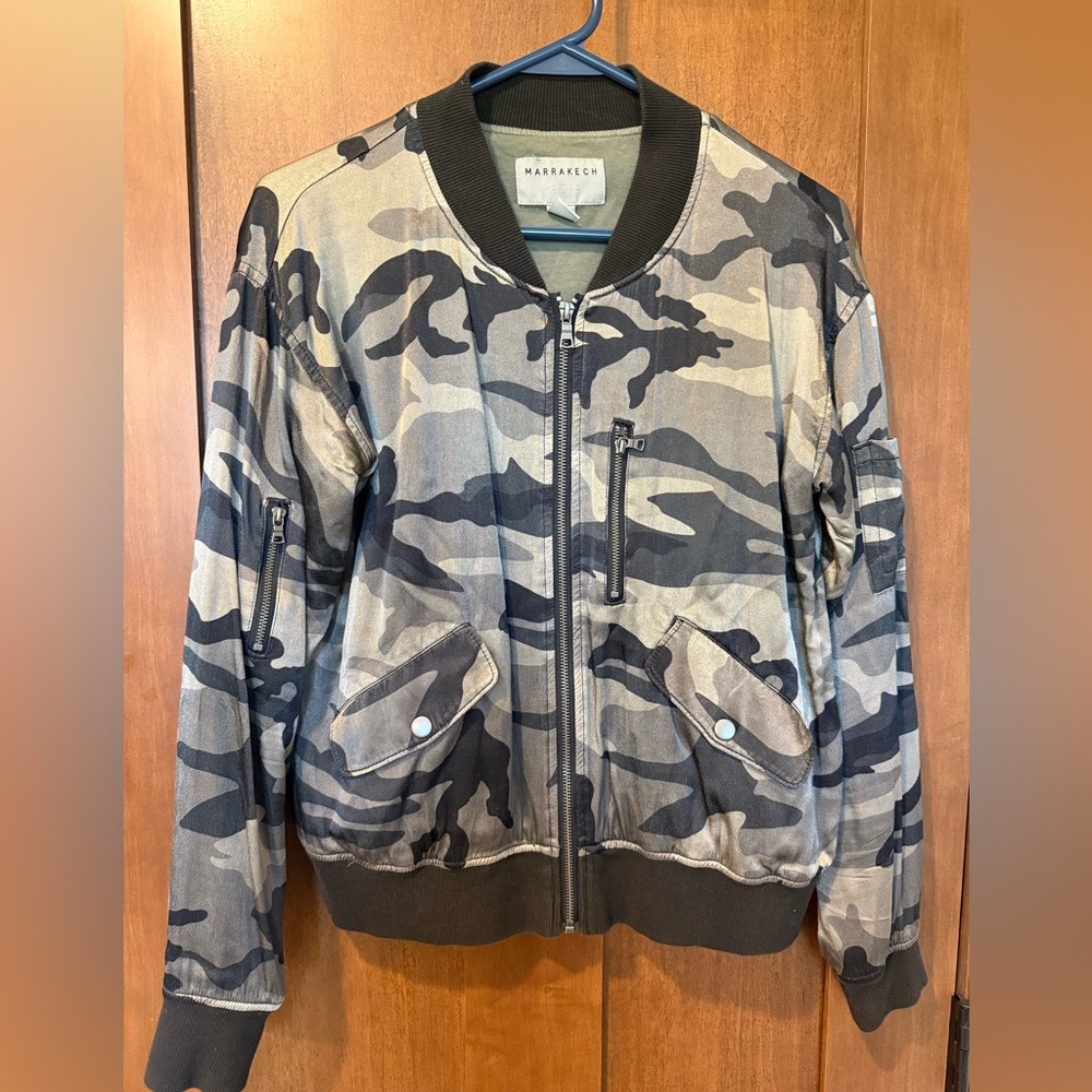 Marrakech Grey Camo Satin Bomber Jacket XS